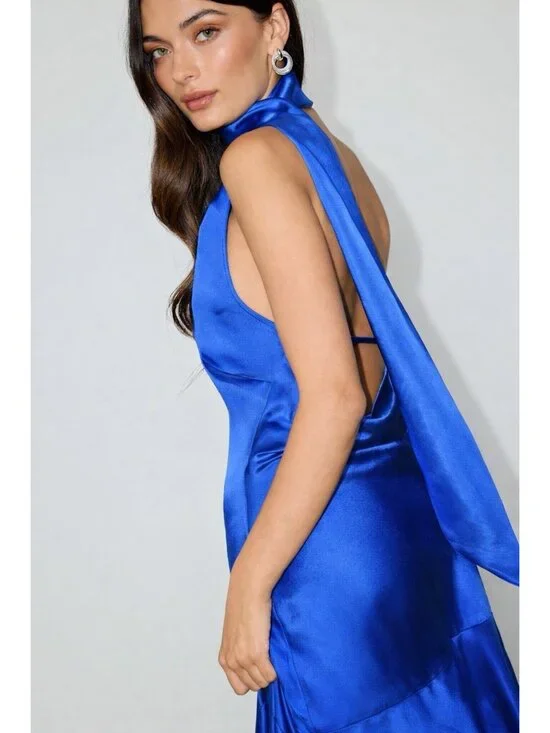 Lulus Womens Reglan Sash Midi Dress Sz Medium Blue Satin One Shoulder Low Back - Picture 6 of 8